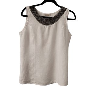 Italian Linen Tank Top Sz Lg Beaded Neck Soft Cotton Side Panels
